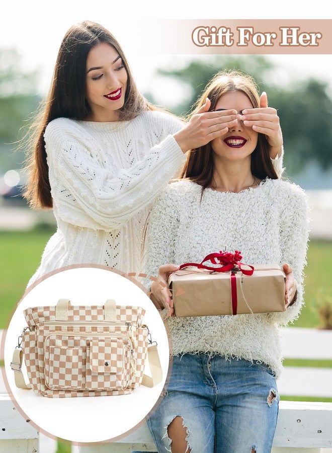 PainZieteg Checkered Tote Bag Bow Bag With Multi Pocket Women Girls Crossbody Corduroy Handbags Purse Work Travel, Brown Plaid Print - Image 4